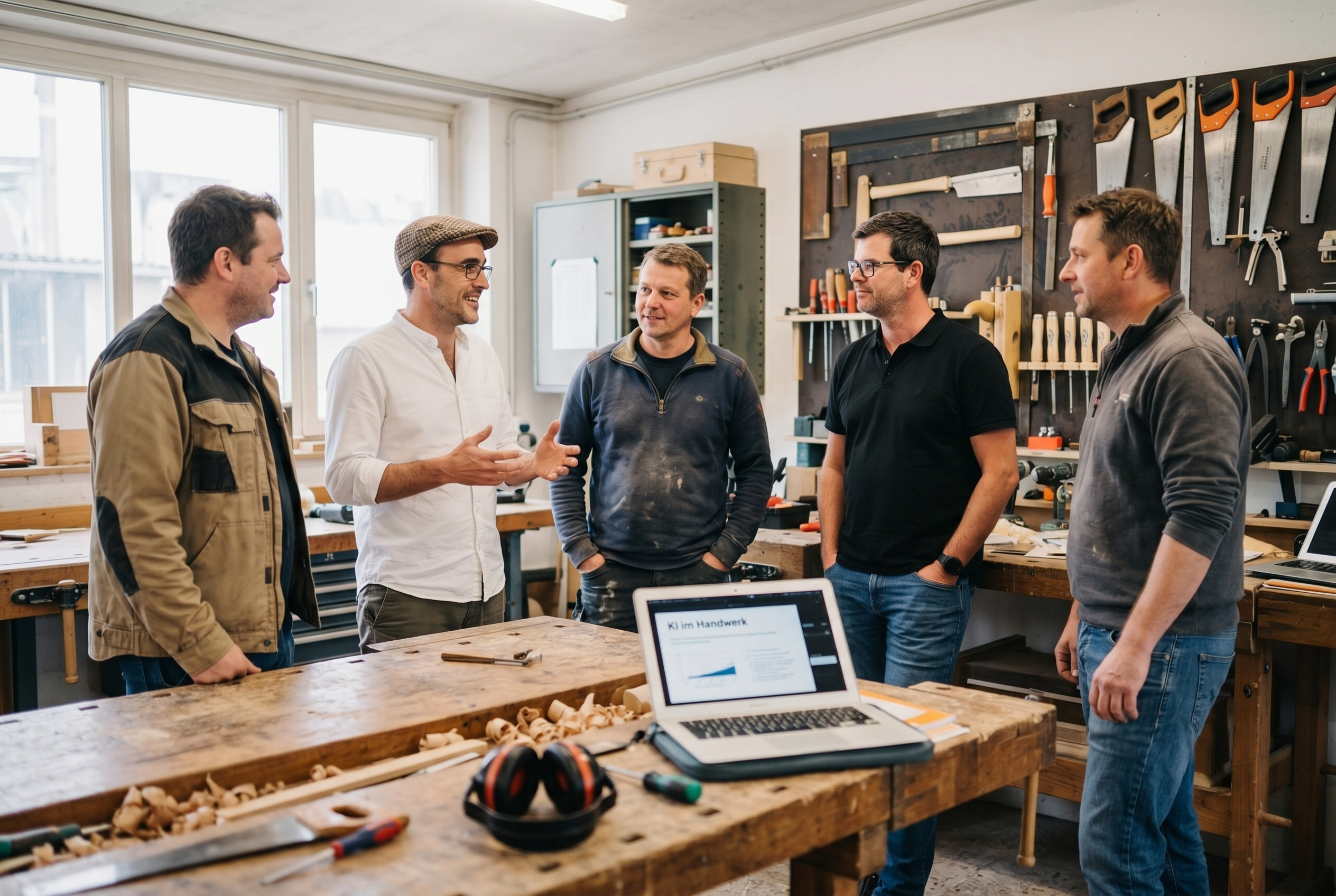 Menschen diskutieren gemeinsam in einer Werkstatt